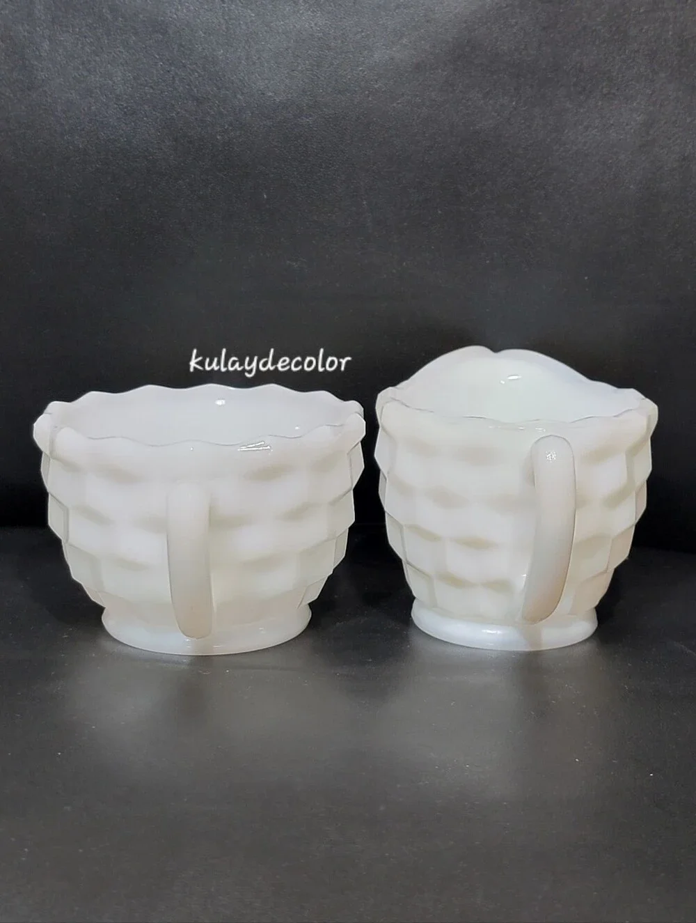 Vintage Jeannette White Milk Glass Creamer & Open Sugar Bowl Set Diamond Quilt
